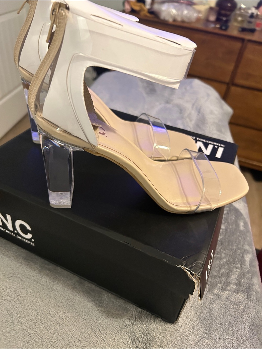 Clear Strap Nude Block Heel Sandals